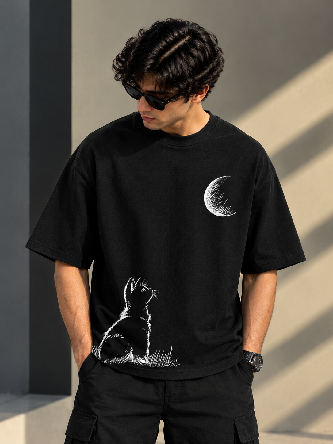 Moonlit Cat Oversized Drop Shoulder T-Shirt